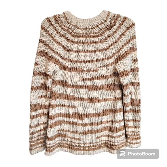 J. Jill Cream And Brown Neutral Chunky Knit Striped V-neck Sweater Women's Small - Picture 2 of 7